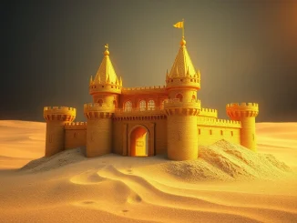 Changpeng Zhao's warning about the counterparty risk in tokenized gold, depicted as a fragile golden castle, highlighting the vulnerabilities of digital gold.