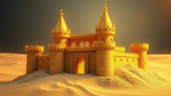 Changpeng Zhao's warning about the counterparty risk in tokenized gold, depicted as a fragile golden castle, highlighting the vulnerabilities of digital gold.