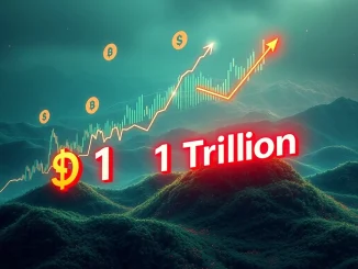 Charts showing decentralized futures trading volume reaching $1 trillion, symbolizing rapid growth in DeFi derivatives.