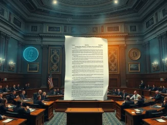 Legislators debate the DeFi regulation proposal, symbolizing the stalled US crypto market structure bill and ongoing partisan clashes.