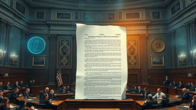 Legislators debate the DeFi regulation proposal, symbolizing the stalled US crypto market structure bill and ongoing partisan clashes.