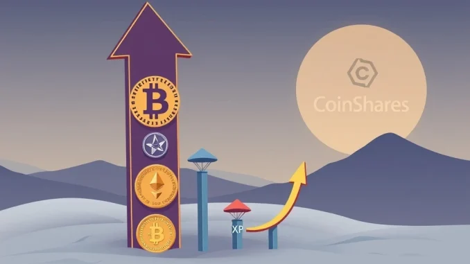 Graph showing a sharp decline in digital asset funds outflows, specifically Bitcoin, contrasted by inflows into Ethereum, Solana, and XRP products.