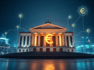 European Central Bank (ECB) building with digital euro symbols, illustrating its partnership with tech firms for the digital euro project.