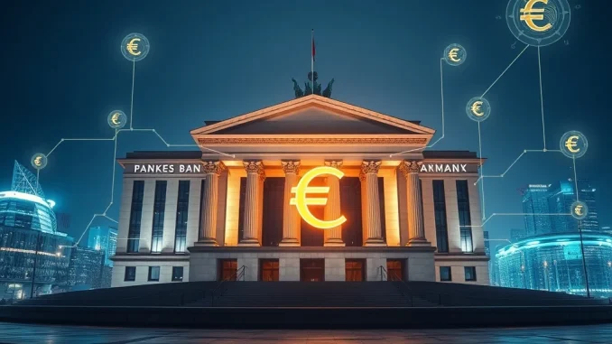 European Central Bank (ECB) building with digital euro symbols, illustrating its partnership with tech firms for the digital euro project.