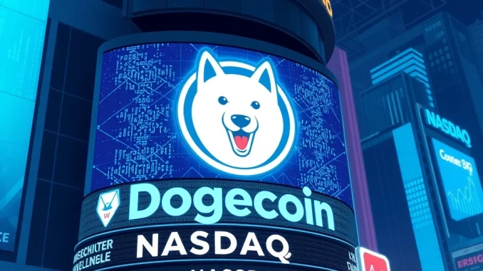 Conceptual image showing the Dogecoin logo on a Nasdaq stock ticker, representing the **Dogecoin Nasdaq listing** through the House of Doge merger.