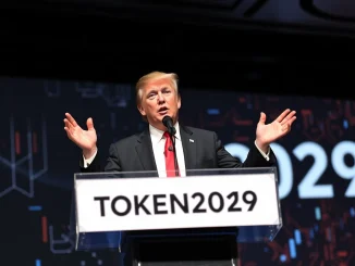 Donald Trump Jr. confidently addressing an audience at a tech conference, dismissing **WLFI** conflict of interest claims involving the **Trump administration**.