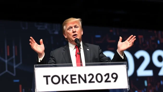 Donald Trump Jr. confidently addressing an audience at a tech conference, dismissing **WLFI** conflict of interest claims involving the **Trump administration**.