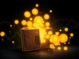 A visual representation of a dormant Bitcoin wallet awakening, showing a large transfer of BTC and its potential crypto market impact.