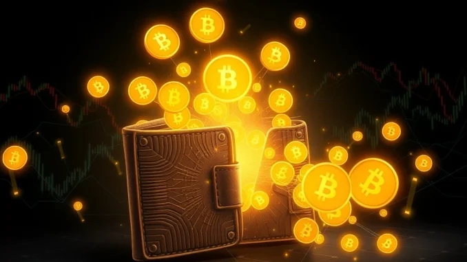 A visual representation of a dormant Bitcoin wallet awakening, showing a large transfer of BTC and its potential crypto market impact.