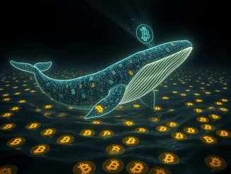 A digital whale stirs from slumber, symbolizing a dormant BTC whale activating after 12.5 years, highlighting significant Bitcoin market events.
