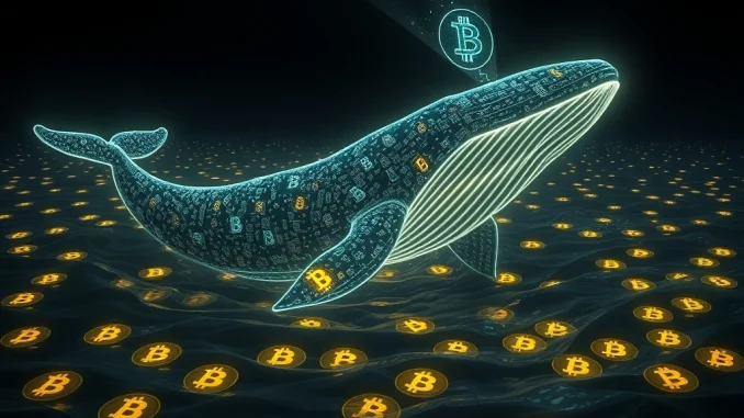 A digital whale stirs from slumber, symbolizing a dormant BTC whale activating after 12.5 years, highlighting significant Bitcoin market events.