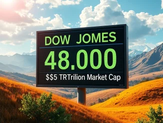 A dynamic stock chart showing the Dow Jones reaching 48,000, reflecting robust financial markets growth.