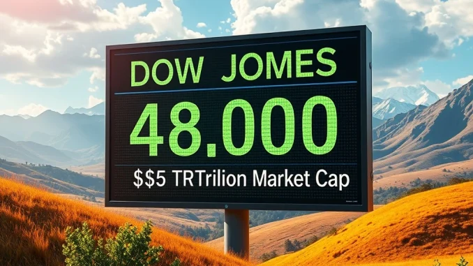 A dynamic stock chart showing the Dow Jones reaching 48,000, reflecting robust financial markets growth.