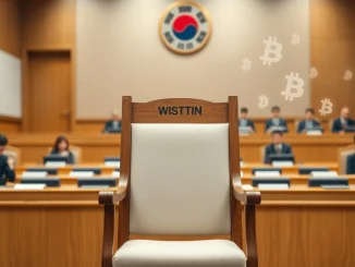 An empty witness chair in the South Korean parliament, symbolizing the Dunamu CEO's withdrawn summons for the audit.