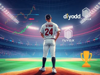 A visual representing dYdX perpetuals facilitating crypto betting on Shohei Ohtani's World Series performance, highlighting decentralized sports wagering.