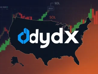 dYdX logo overlaying a US map, symbolizing the decentralized exchange's strategic entry into the US crypto market.
