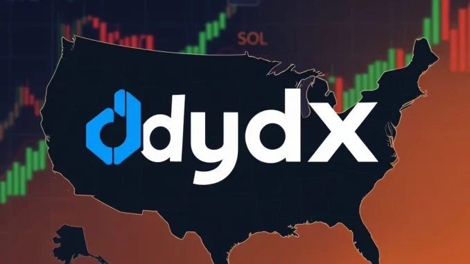 dYdX logo overlaying a US map, symbolizing the decentralized exchange's strategic entry into the US crypto market.