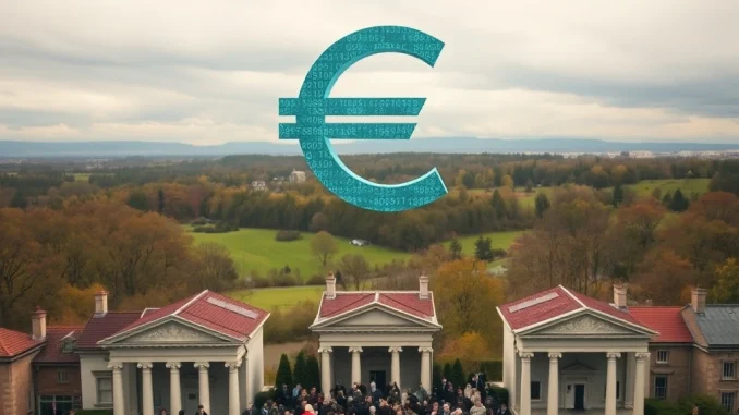 The European Central Bank symbol next to a digital euro icon, with a turbulent financial graph in the background, illustrating the ECB warning about potential bank runs.