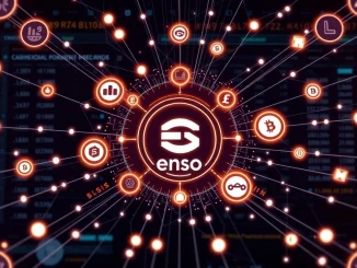 Enso's technology powering WLFI's USD1 stablecoin across diverse DeFi platforms, symbolizing enhanced blockchain interoperability.