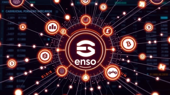 Enso's technology powering WLFI's USD1 stablecoin across diverse DeFi platforms, symbolizing enhanced blockchain interoperability.
