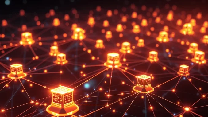 Visualizing ERC-8004 enabling AI agents to securely collaborate and verify identities on a blockchain network.