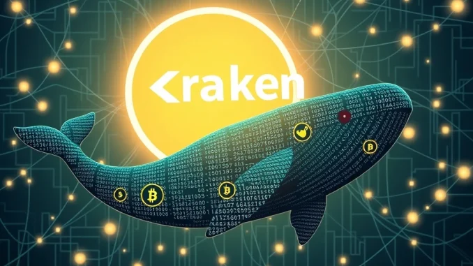 Depiction of an **ETH whale** depositing funds to Kraken, symbolizing a significant **Ethereum deposit** and potential **ETH price impact**.