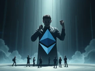 Vitalik Buterin's silhouette overseeing a network, symbolizing claims of centralized influence over the **Ethereum ecosystem**.