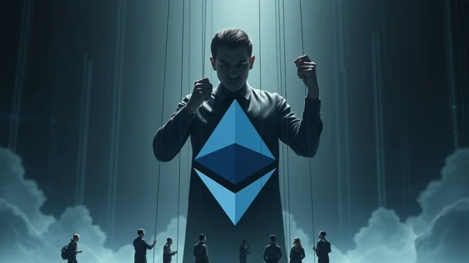 Vitalik Buterin's silhouette overseeing a network, symbolizing claims of centralized influence over the **Ethereum ecosystem**.