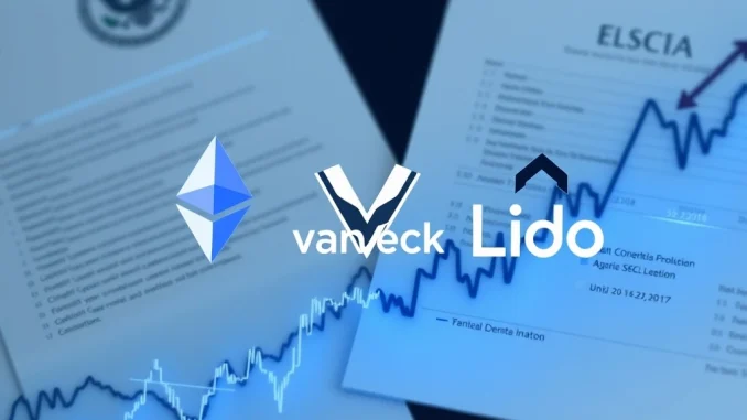 VanEck's Ethereum ETF filing, featuring ETH, Lido, and SEC documents, signaling a new era for crypto investment.