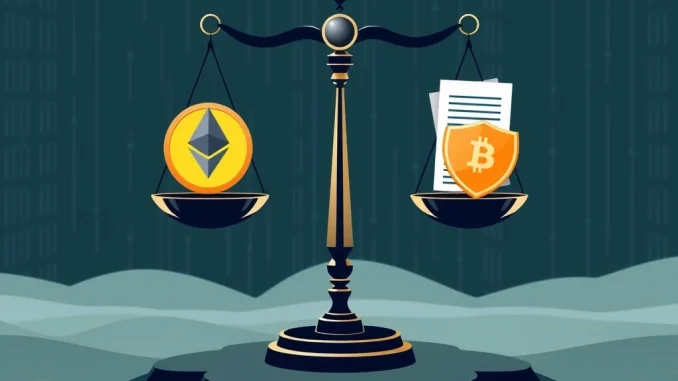 Digital scales of justice balancing cryptocurrency symbols and legal documents, symbolizing the crypto legal defense fund for Tornado Cash developers.