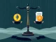 Digital scales of justice balancing cryptocurrency symbols and legal documents, symbolizing the crypto legal defense fund for Tornado Cash developers.