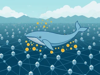 A digital whale, representing an Ethereum ICO whale, systematically selling ETH amidst fluctuating Ethereum price charts, highlighting significant crypto whale activity.
