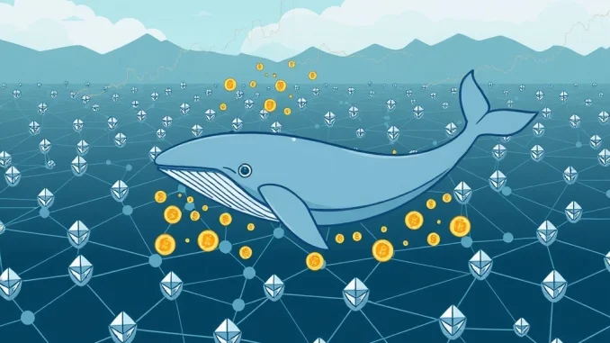 A digital whale, representing an Ethereum ICO whale, systematically selling ETH amidst fluctuating Ethereum price charts, highlighting significant crypto whale activity.