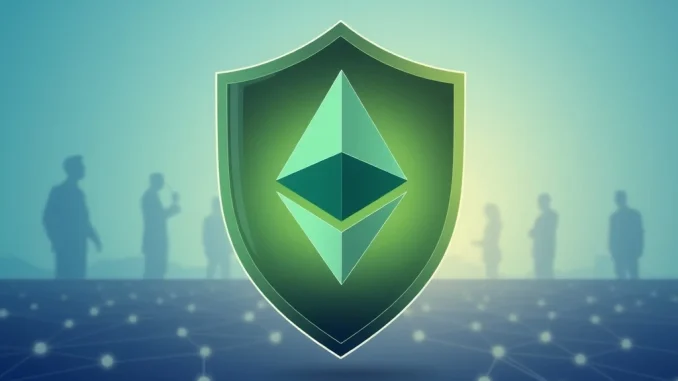A digital shield over an Ethereum logo, representing the Ethereum Privacy Cluster's dedication to enhancing blockchain privacy and security.