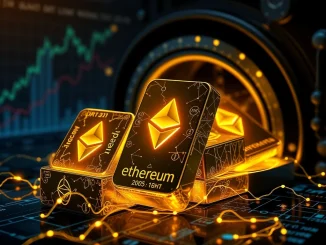 Visualizing the monumental growth of Ethereum-based tokenized gold, representing secure digital asset accumulation.