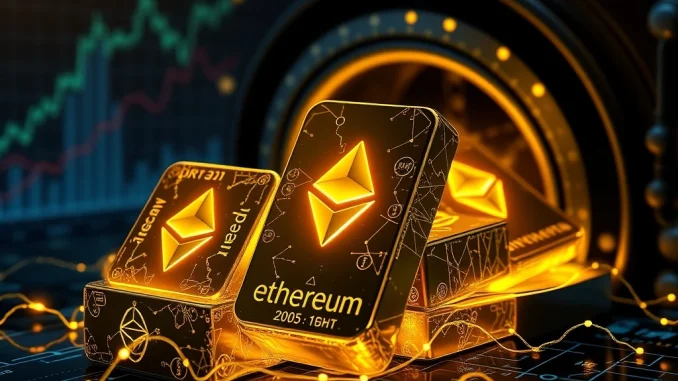Visualizing the monumental growth of Ethereum-based tokenized gold, representing secure digital asset accumulation.