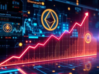 A chart illustrating a significant surge in **Ethereum transactions**, highlighting robust DeFi growth and positive crypto market trends.