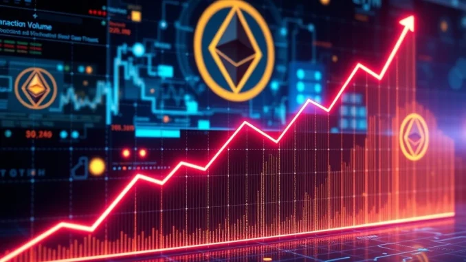 A chart illustrating a significant surge in **Ethereum transactions**, highlighting robust DeFi growth and positive crypto market trends.
