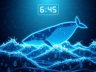 A powerful Ethereum whale emerging from digital waves, symbolizing a dormant wallet's significant ETH staking, impacting crypto market analysis.