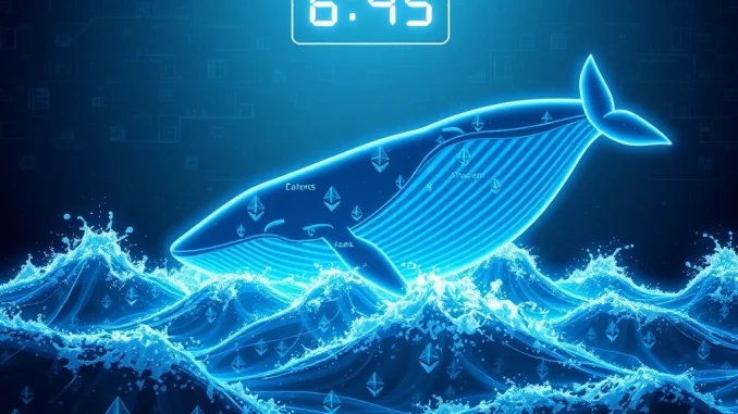 Ethereum Whale Awakens: Mysterious Dormant Wallet Stakes $26.7M ETH A powerful Ethereum whale emerging from digital waves, symbolizing a dormant wallet's significant ETH staking, impacting crypto market analysis.