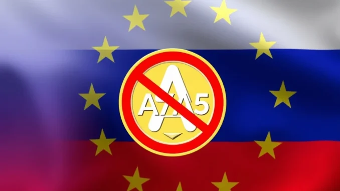 Visualizing the EU Stablecoin Ban impacting the A7A5 stablecoin, representing new crypto regulations in Europe.