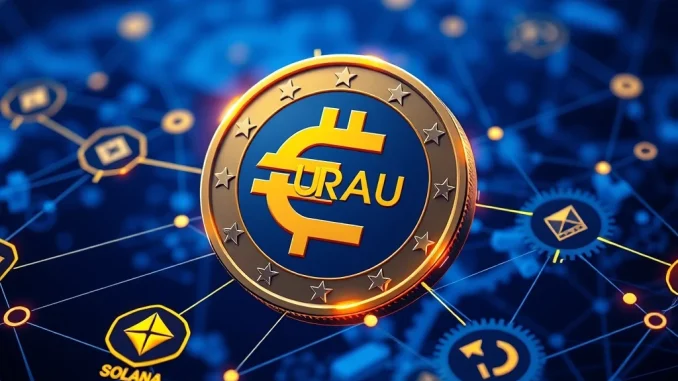 EURAU Euro stablecoin seamlessly bridging multiple blockchains via Chainlink CCIP, symbolizing enhanced cross-chain interoperability.