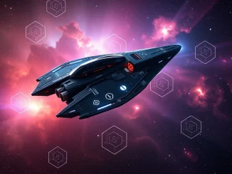 EVE Frontier spaceship in deep space, symbolizing its launch on the Sui blockchain and the future of Web3 MMOs.
