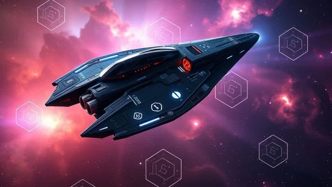 EVE Frontier spaceship in deep space, symbolizing its launch on the Sui blockchain and the future of Web3 MMOs.