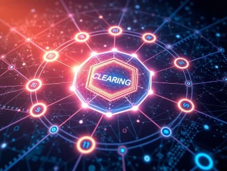 An abstract visualization of Everclear crypto's clearing mechanism, uniting fragmented multi-chain liquidity across various blockchain networks.