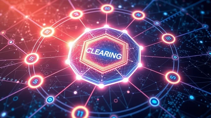 An abstract visualization of Everclear crypto's clearing mechanism, uniting fragmented multi-chain liquidity across various blockchain networks.