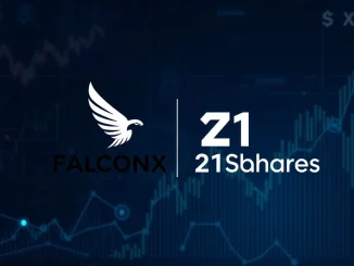 Two company logos, FalconX and 21Shares, merging, symbolizing the FalconX acquisition to expand crypto investment products.
