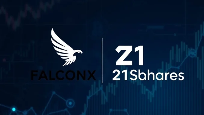 Two company logos, FalconX and 21Shares, merging, symbolizing the FalconX acquisition to expand crypto investment products.