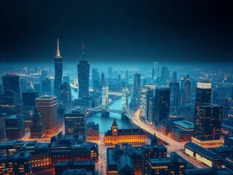 A digital representation of the UK's financial landscape with blockchain elements, illustrating the FCA tokenization initiative for asset management.