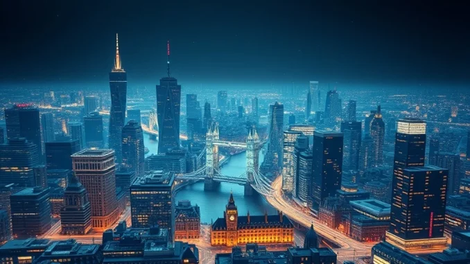 A digital representation of the UK's financial landscape with blockchain elements, illustrating the FCA tokenization initiative for asset management.